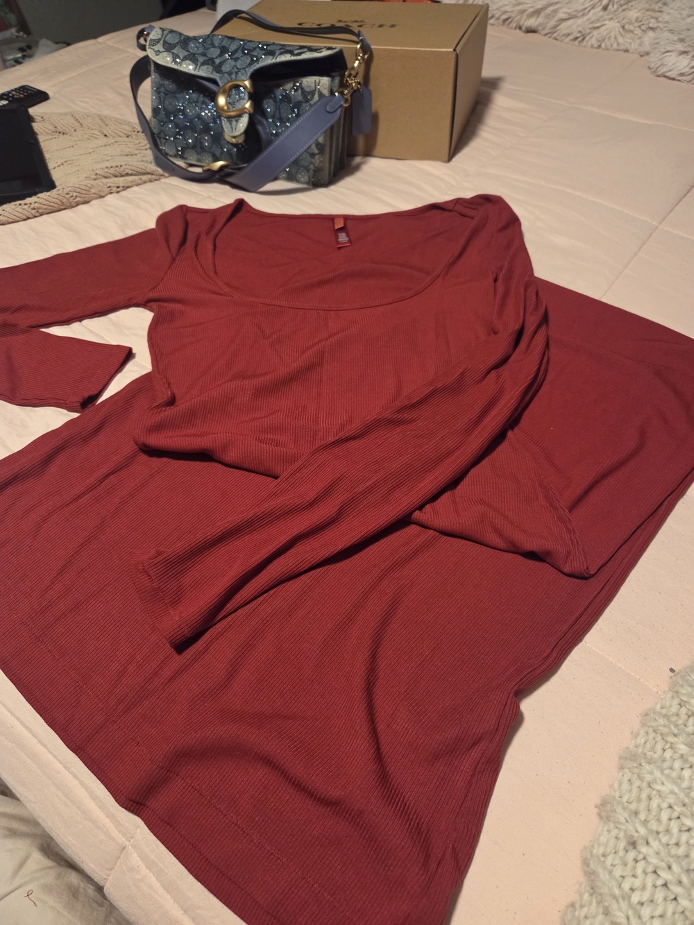 Skims Ribbed Scoop Neck Long Sleeve Top in Brick Red